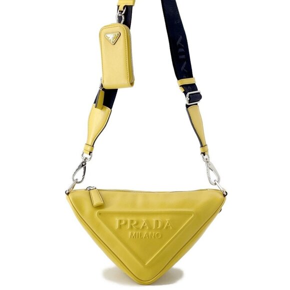 PRADA Triangle Shoulder Bag Leather Yellow 1BH190 - Picture 1 of 14